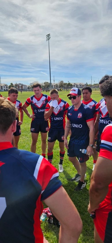 Luke Keary addresses his players during the Vegas 9s.