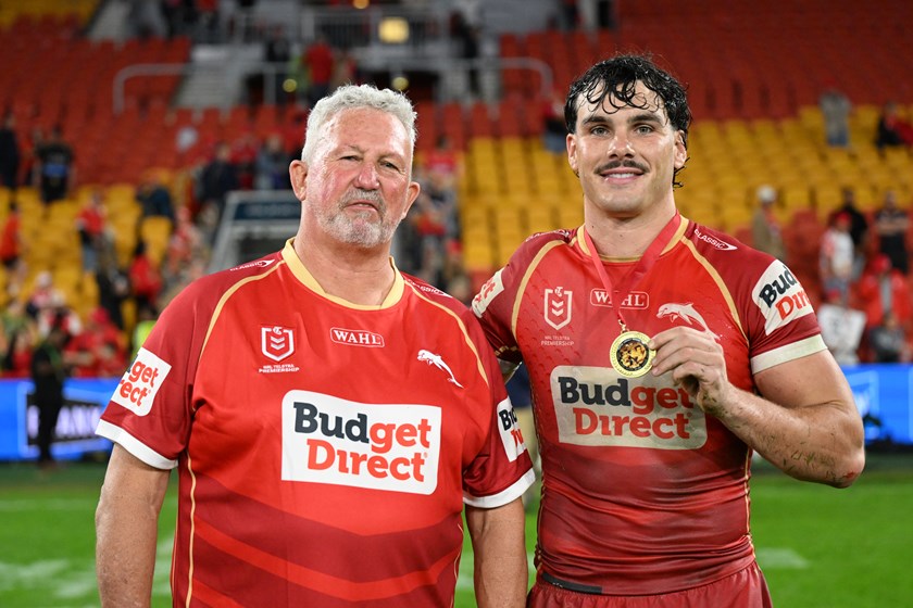 Herbie Farnworth with Brad Beetson after collecting the Artie Legacy Medal as player of the match.