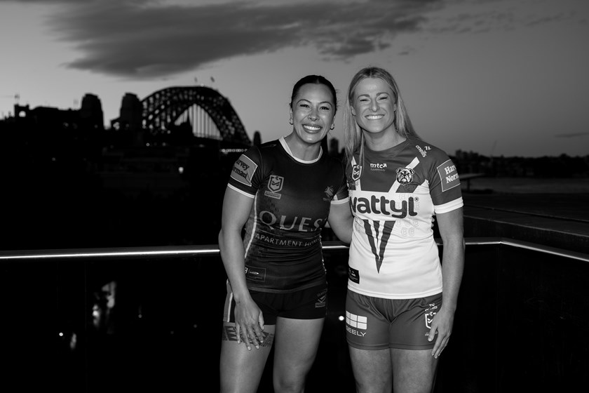 Tiana Penitani Gray and Tayla Preston at the Women in League Round launch.
