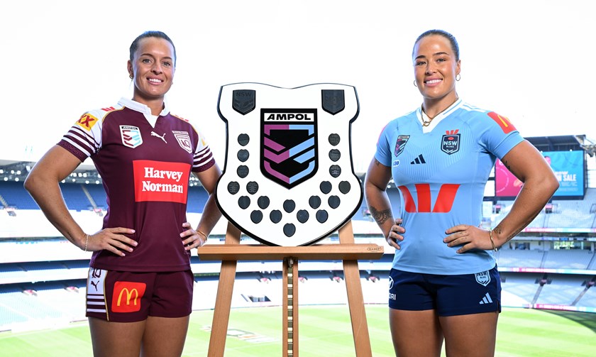 Lauren Brown and Blues captain Isabelle Kelly at the 2026 State of Origin launch.