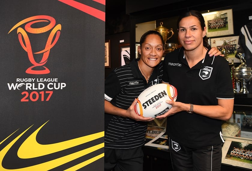 Sharlene Atai (right) with Kiwi Ferns captain Sarina Fiso during the 2017 World Cup.
