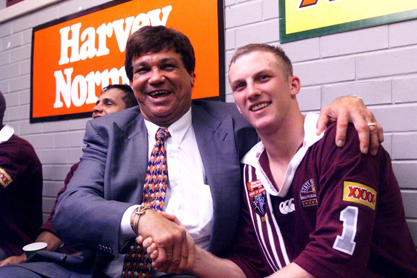 Arthur Beetson celebrates with Darren Lockyer after coaching Queensland to Origin glory in 1989.