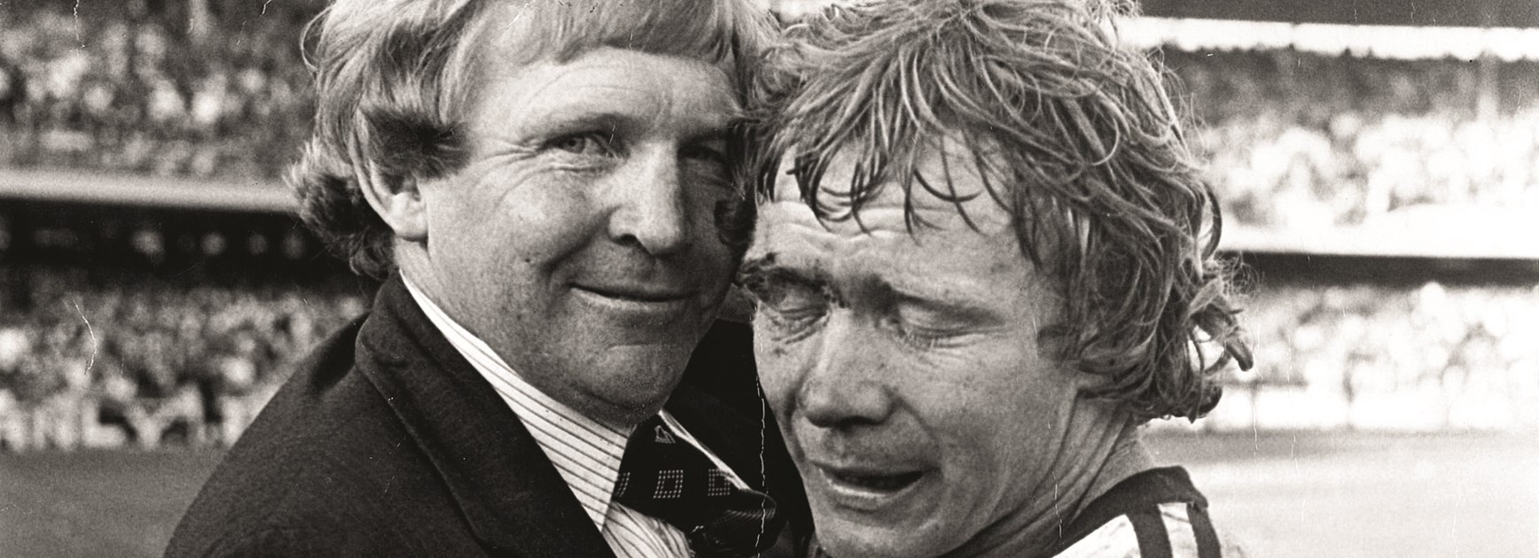 Fulton and coach Frank Stanton embrace at full-time of the 1976 Grand Final after Manly claimed their third premiership with a 13-10 win over Parramatta.