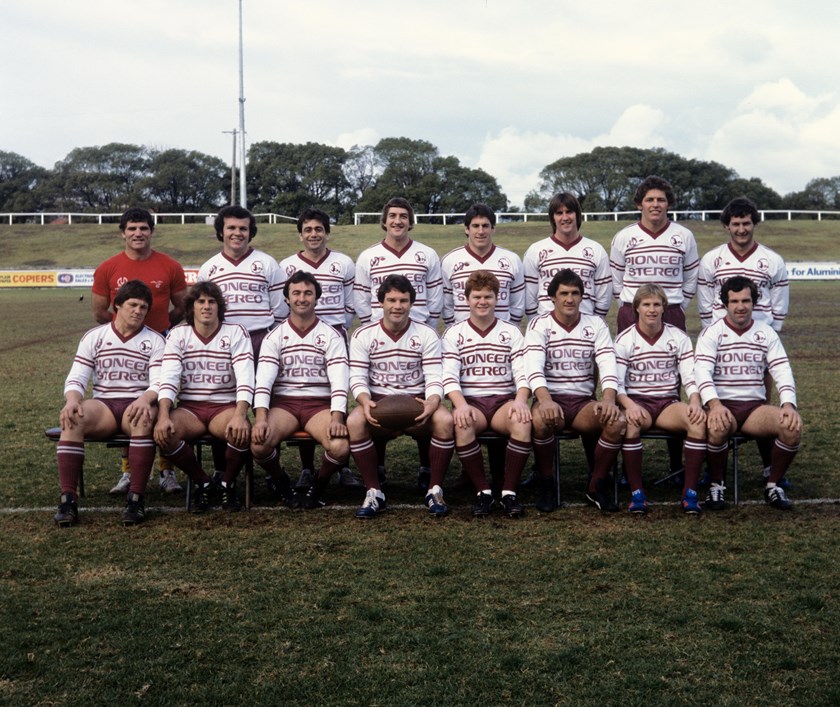 Graham Eadie, front row with footy, is flanked by a cavalcade of Manly greats in 1980.