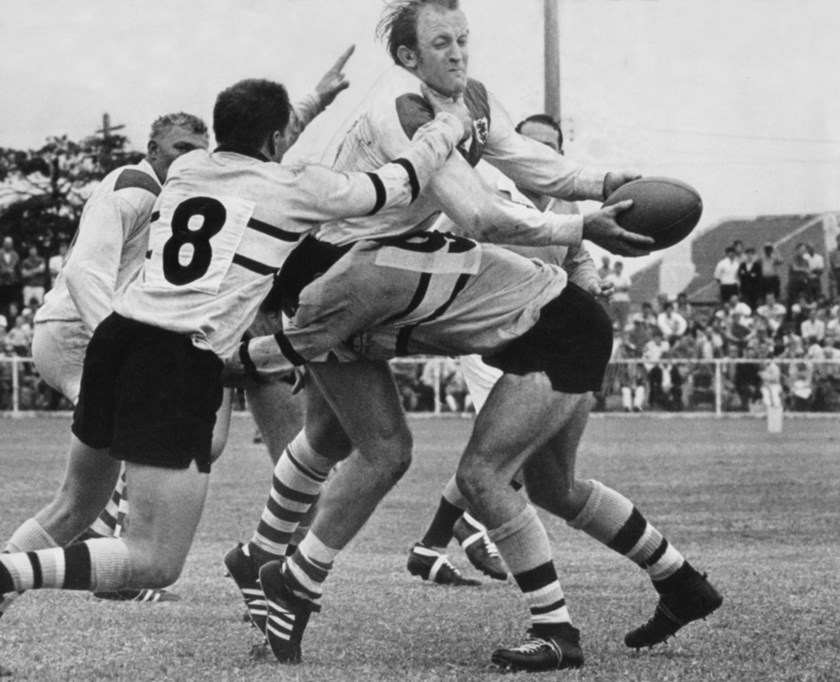 “Chook” Raper in action for the Dragons at Kogarah Oval against Cronulla.