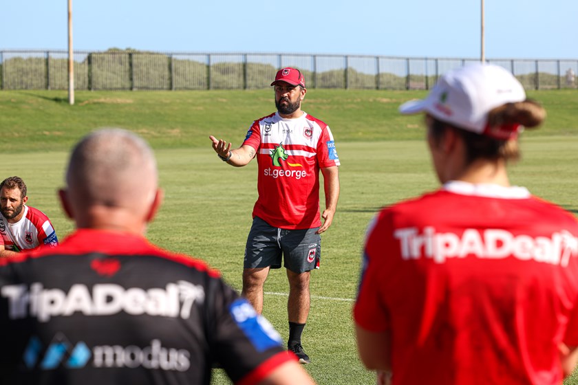 New Dragons NRLW coach Jamie Soward addresses players at training