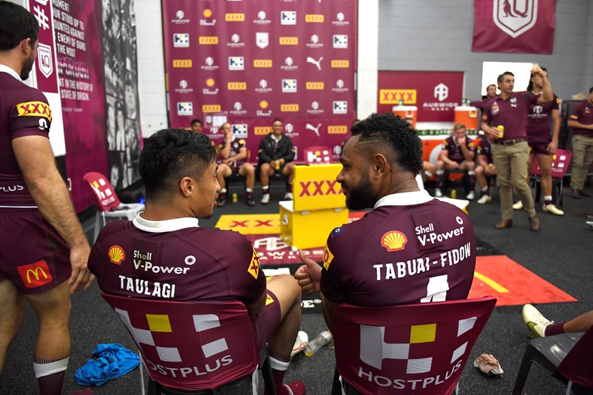 Murray Taulagi and Hamiso Tabuai-Fidow share a moment in the sheds together.