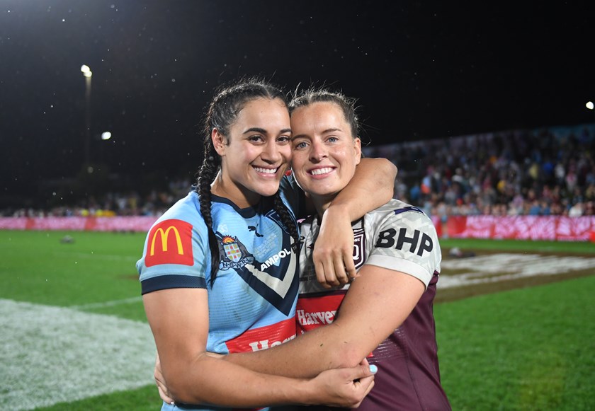 Best friends again after full-time of the 2021 Origin game. Yasmin Meakes and Lauren Brown are expected to play key roles for their states in 2026.