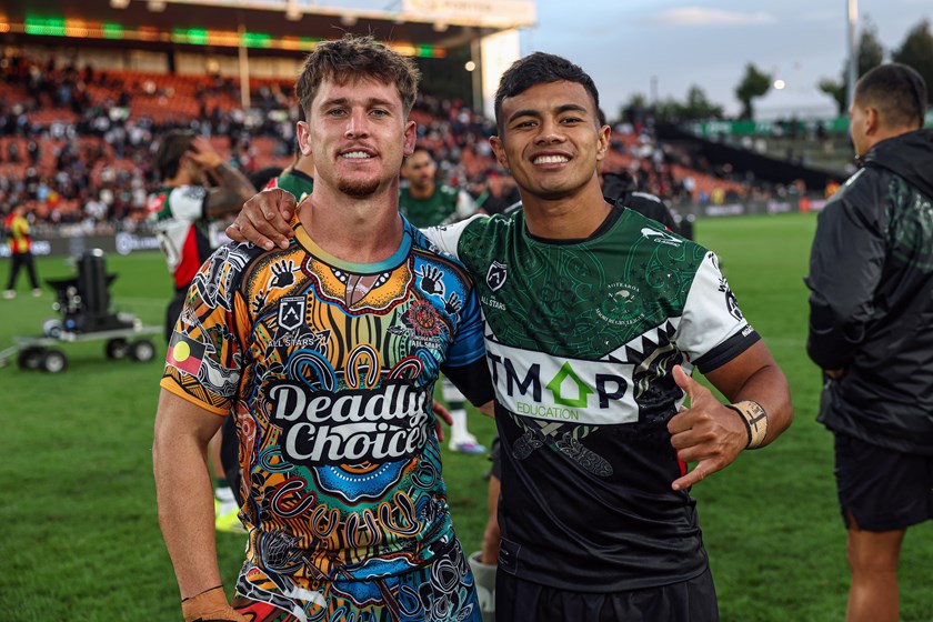 Oliver Pascoe with Titans team-mate Keano Kini after both played in the men's 2026 All Stars match in Hamilton.