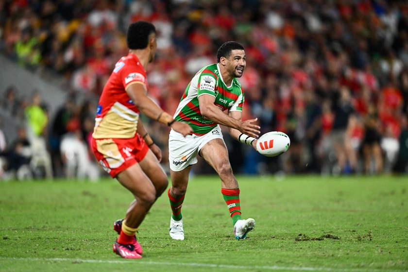 Cody Walker with the ball for the Rabbitohs in their win against the Dolphins. 