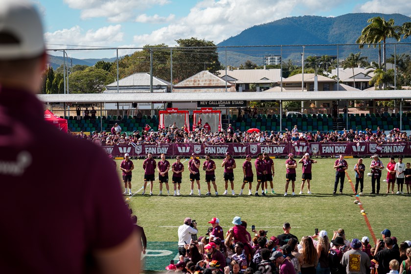 Cameron Munster address the crowd at the Maroons fan day in Rockhampton.