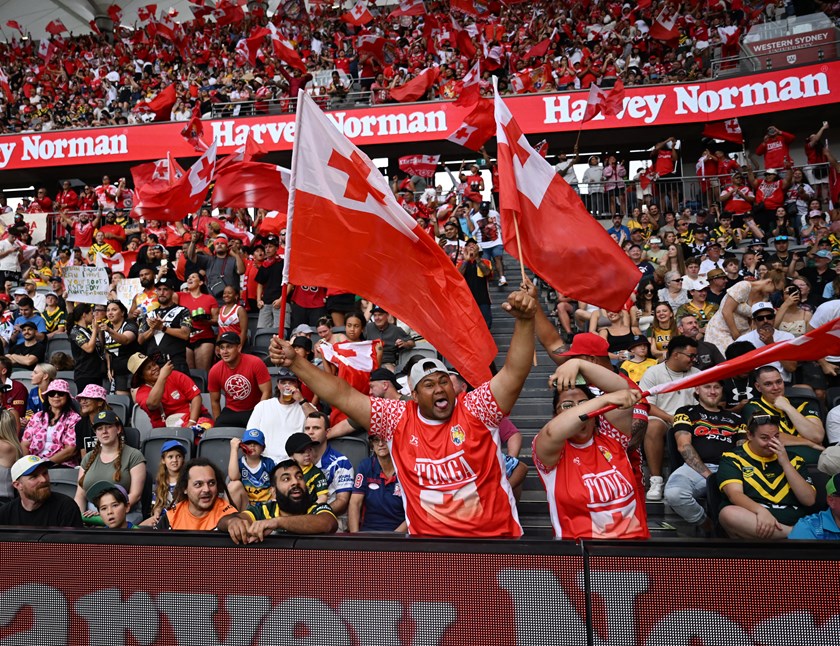 Tonga fans support their team in the 2024 Pacific Championships final.