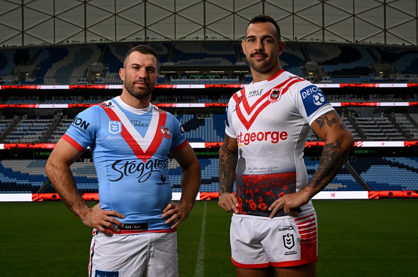 Roosters fullback James Tedesco and Dragons prop Josh Kerr at Allianz Stadium.