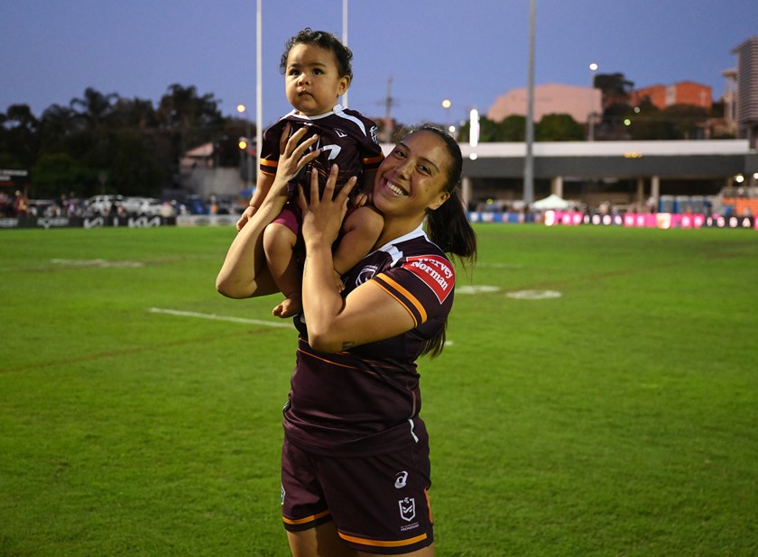 Shannon Mato with baby Charnze. Mato has been a key member of the Broncos line up since making her pregnancy return this season.