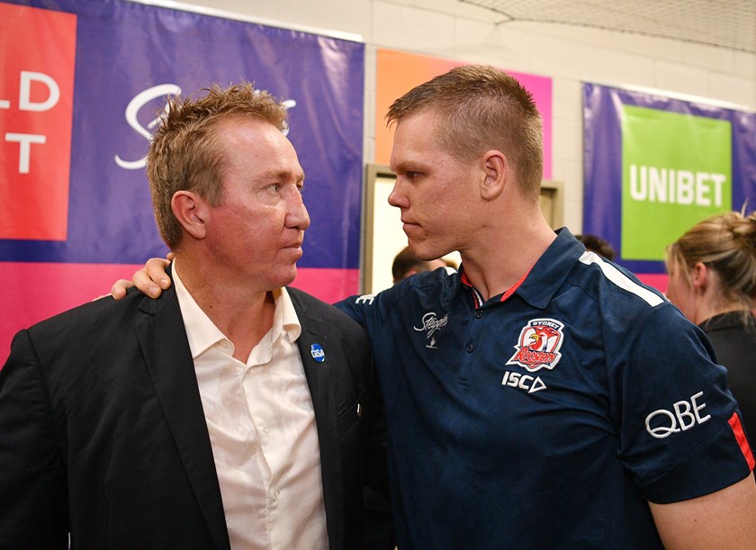 Trent Robinson presented his premiership ring to Lindsay Collins after the 2018 grand final victory.