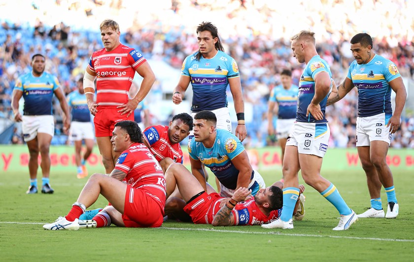 David Fifita falls just short of his first try of the year against the Dragons.