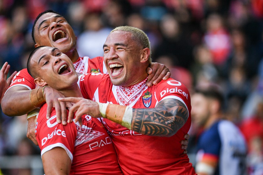Tyson Frizell celebrates a try on his Tongan debut.