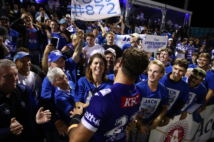 Bulldogs rookie Jack Todd was mobbed after making his NRL debut on Saturday night. 