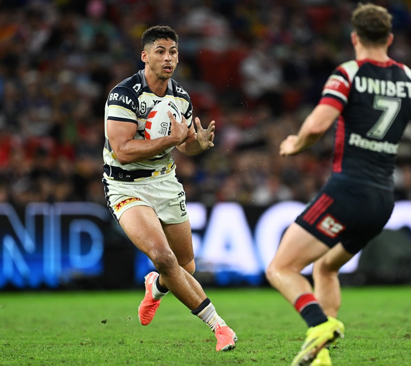 Heilum Luki on the charge for the Cowboys in the win against the Roosters.