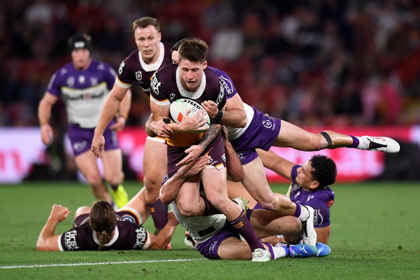 Josh Rogers playing for the Broncos against the Storm in 2024.