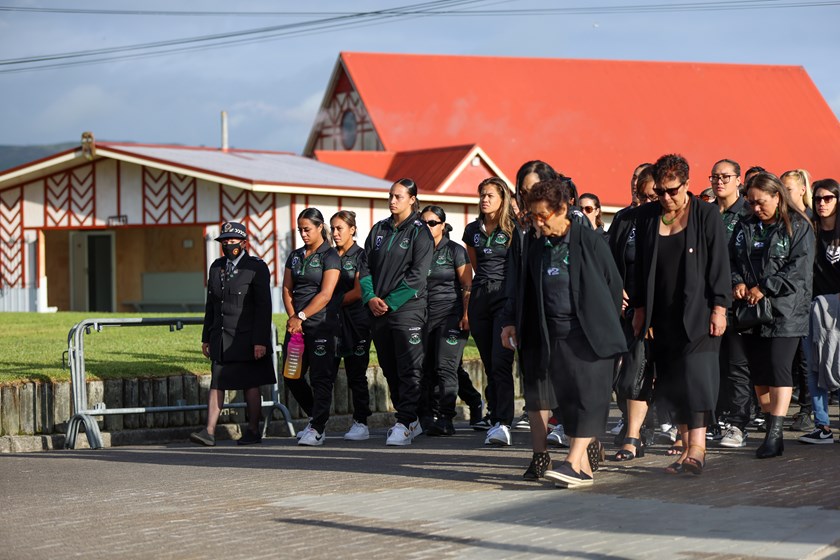 Tiana Raftstrand-Smith with her Māori teammates during the official Pōhiri at Rotorua. 