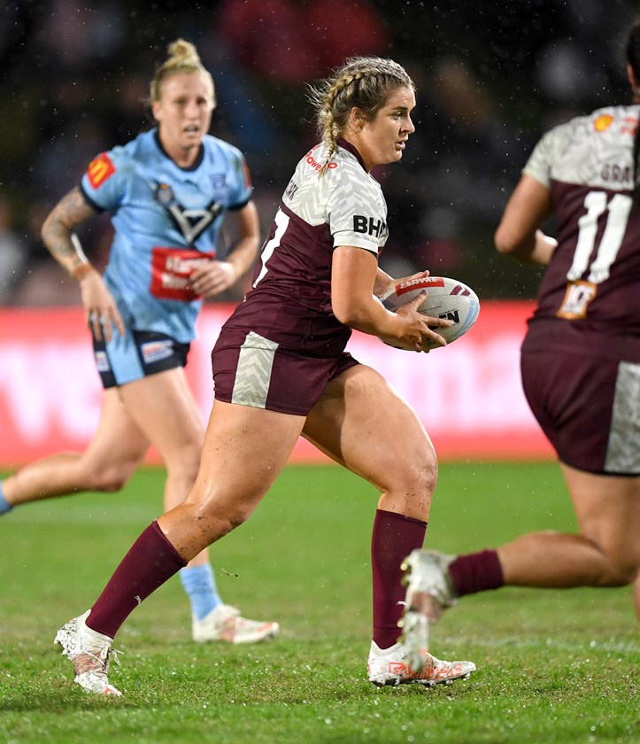 Bri Clark runs the ball for Queensland in the 2021 Origin. Photo: NRL Images
