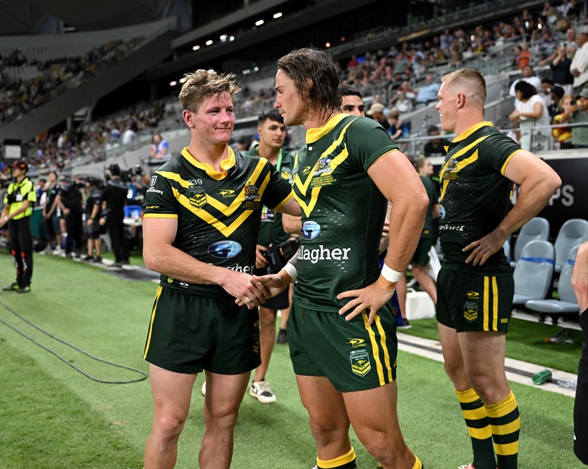 Harry Grant and Nicho Hynes after the Kangaroos' opening round win over Samoa.