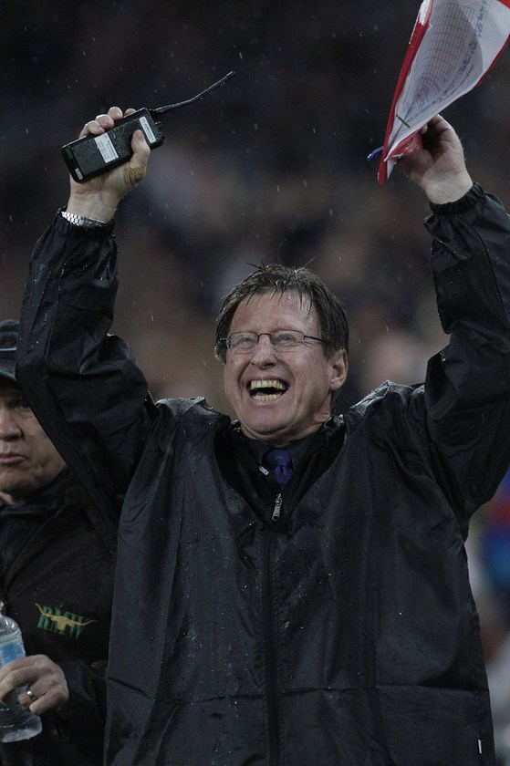 Peter Mulholland celebrates Penrith's 2003 grand final win
