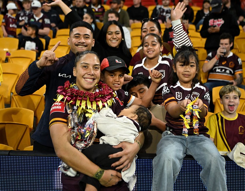 Shannon Mato with family and supporters after making her NRLW return in Round 1.
