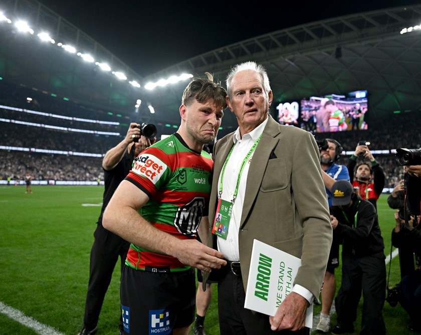 Wayne Bennett and Jai Arrow share an emotional embrace after Arrow left the field on Friday night.