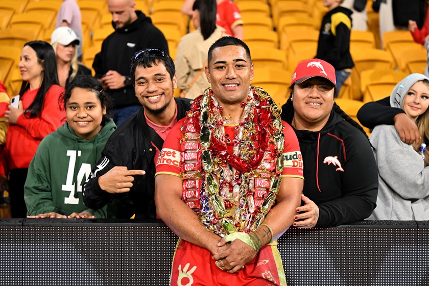 Connelly Lemuelu celebrates his 50th NRL game.