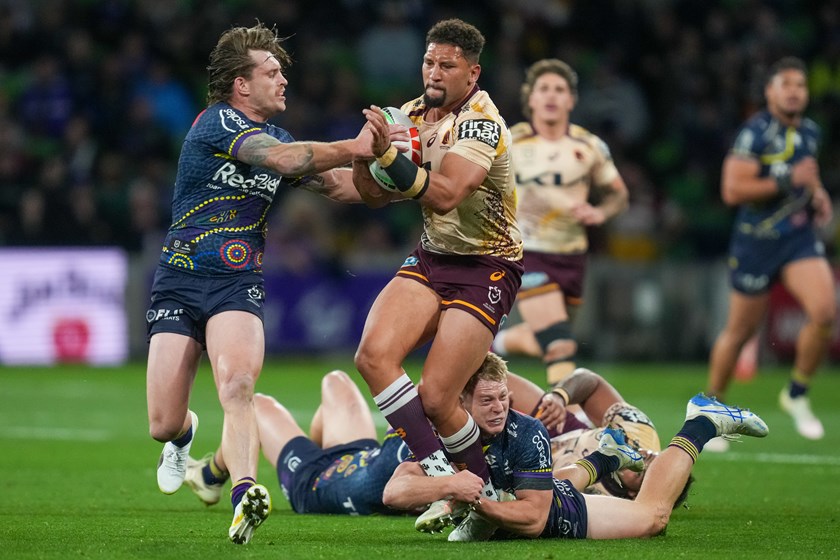 Brisbane Broncos and Torres Strait Islander player Gehamat Shibasaki in action during Indigenous Round.