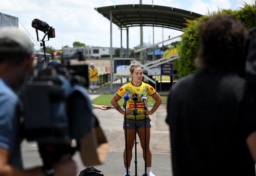 Isabelle Kelly addresses media.