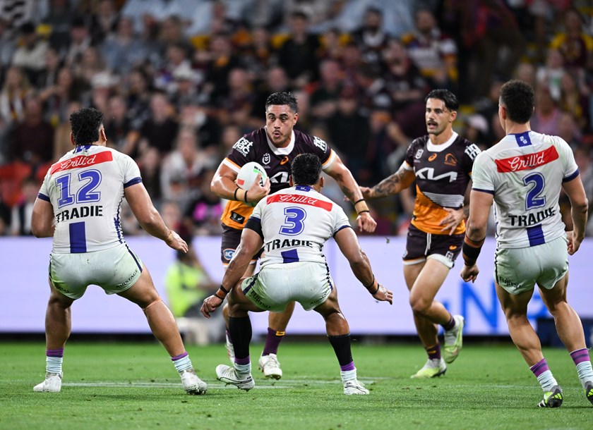 Keenan Palasia with the ball for the Broncos in the Finals Week One win against Melbourne Storm.