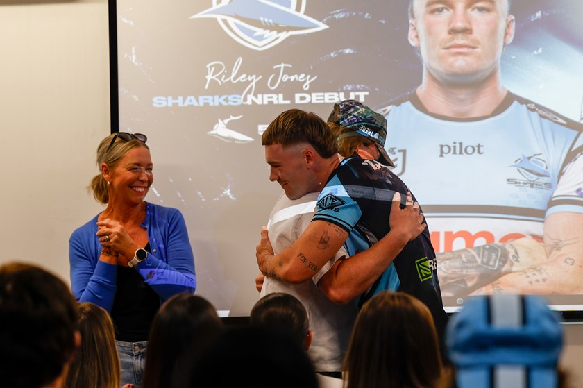 Riley Jones received his first Sharks jersey from his brother in an emotional presentation last week.