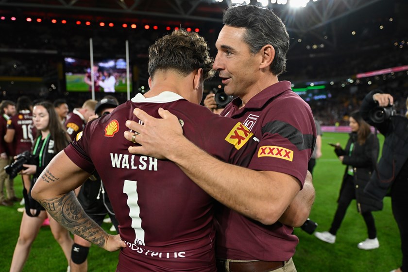 Billy Slater with Reece Walsh during Queensland's State of Origin campaign.