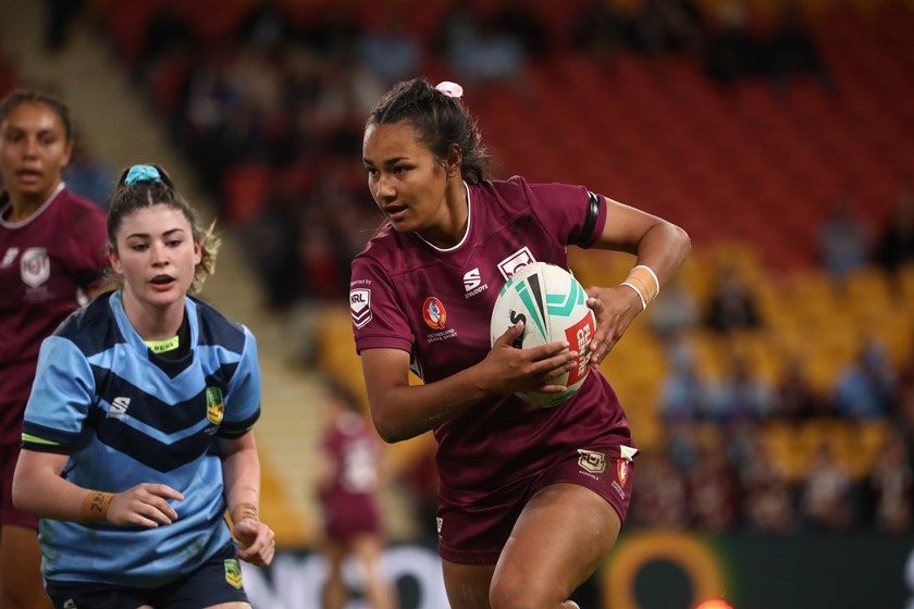 Ebony Raftstrand-Smith with the ball for the Queensland Schoolgirls. Photo: NRL Images