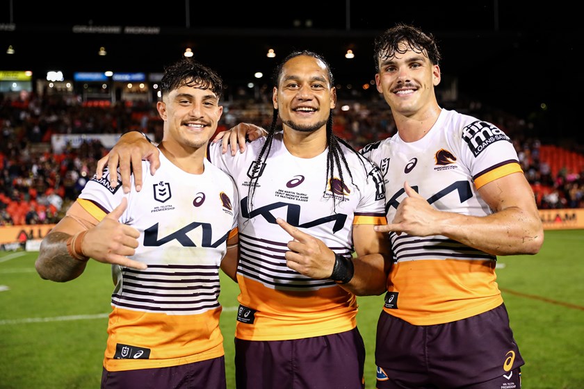 Kotoni Staggs with Martin Taupau and Herbie Farnworth after defeating the Penrith Panthers in Round 1 this year. 