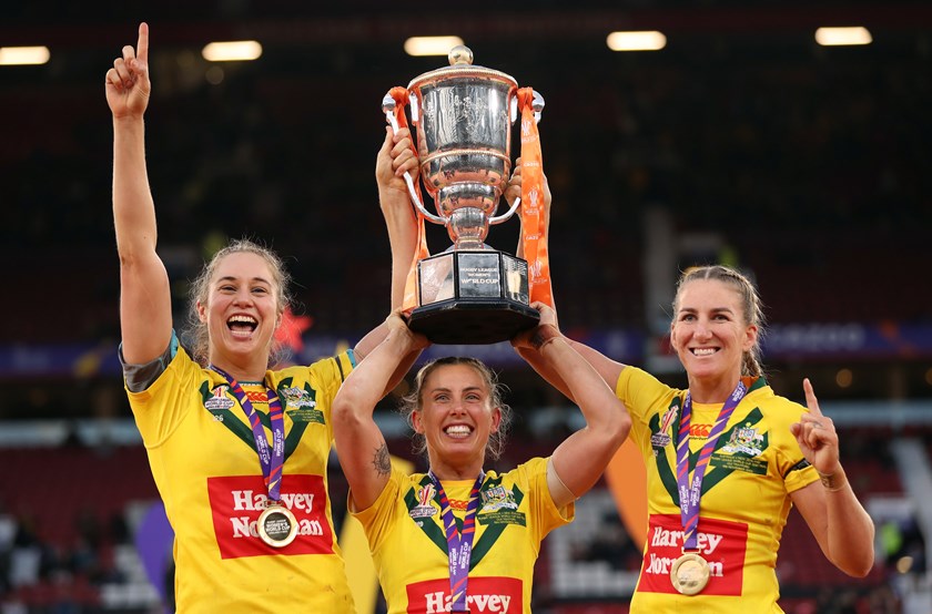 The Jillaroos co-captains celebrate winning last year's Rugby League World Cup.