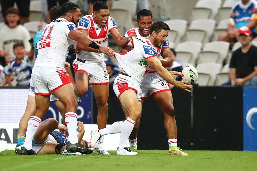 Ben Hunt celebrates scoring a try against the Gold Coast Titans in Round 2. 