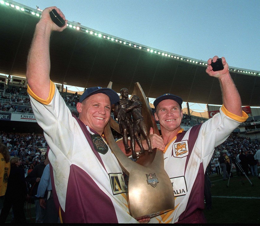 Kevin Walters and Allan Langer celebrate winning the 1998 grand final. 