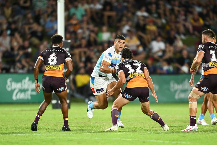 David Fifita facing off against the Broncos defence during their Pre-Season Challenge match earlier this year.