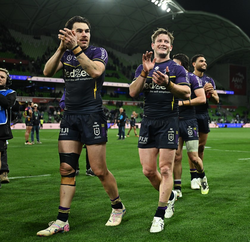 Grant Anderson and Harry Grant celebrate a Storm victory in 2025.