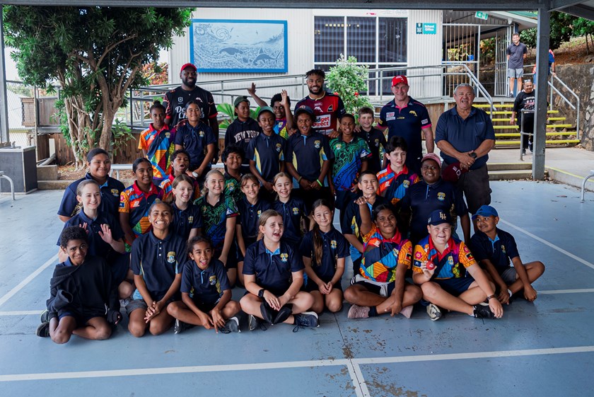 Hamiso Tabuai-Fidow and Kristian Woolf were amongst the Dolphins representatives who traveled to Thursday Island during their bye week.