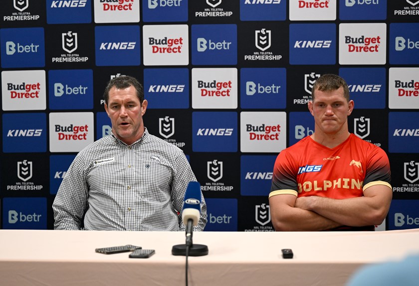Kristian Woolf and Tom Gilbert during the Round 3 press conference following the loss to Wests Tigers.