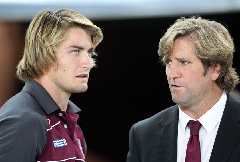 Kieran Foran and Des Hasler in their younger days with Manly. 