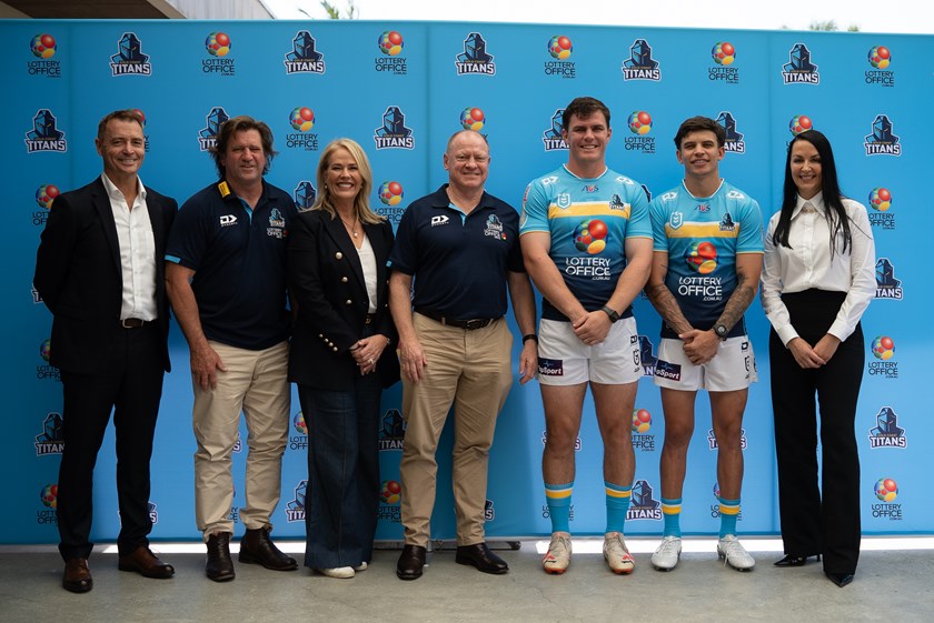 New Titans coach Des Hasler with club officials and players at their sponsor announcement for The Lottery Office.
