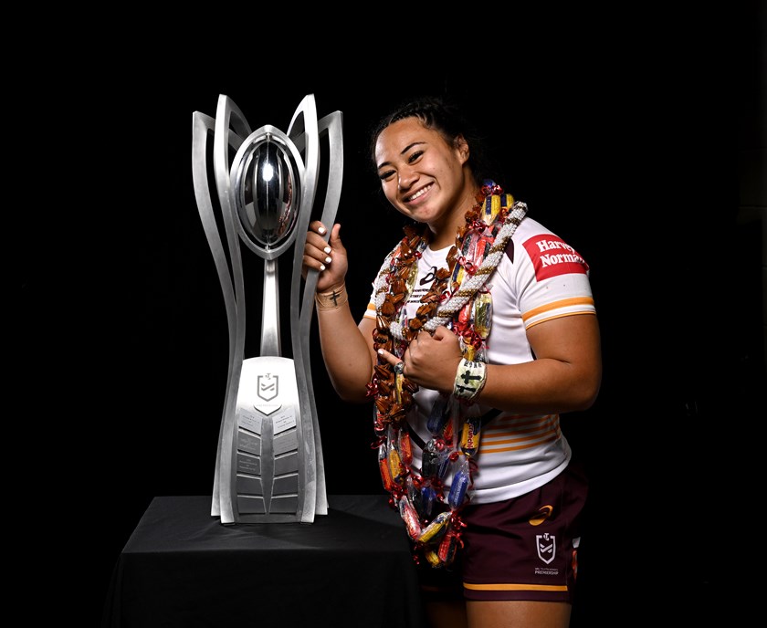 Shalom Sauaso with the NRLW trophy. 