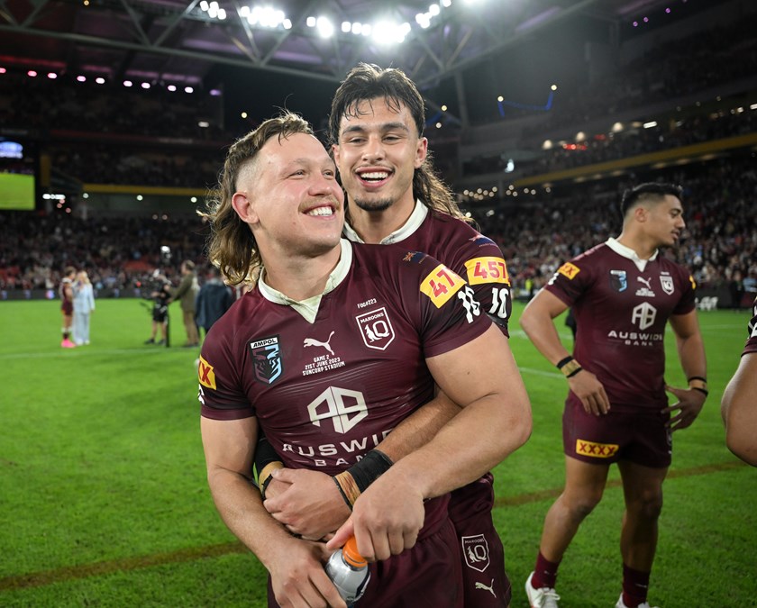 Tino Fa'asuamaleaui celebrates another Origin series win with Reuben Cotter