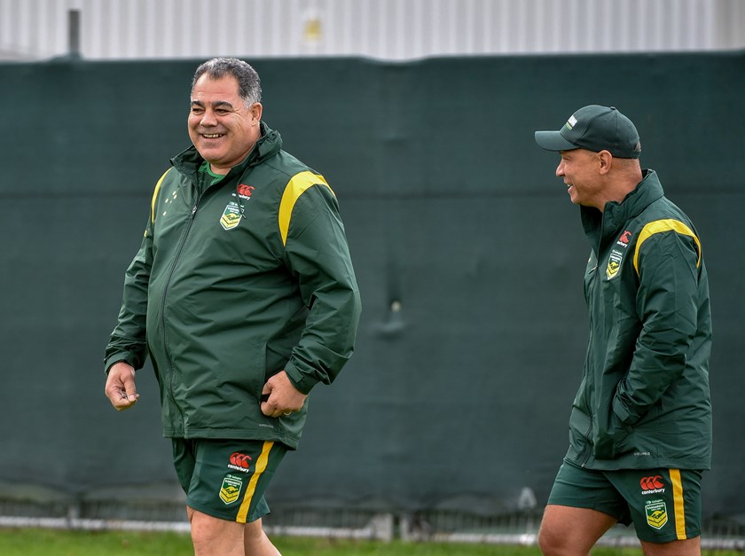 Mal Meninga and Adrian Lam at Kangaroos training during last year's World Cup.
